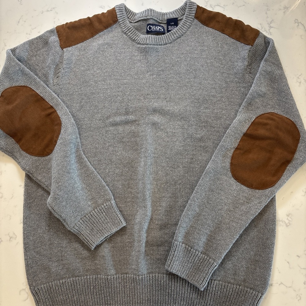 Chaps‎ Gray Sweater Mens LG Elbow Patches Shoulder Patch Preppy Academia Classic